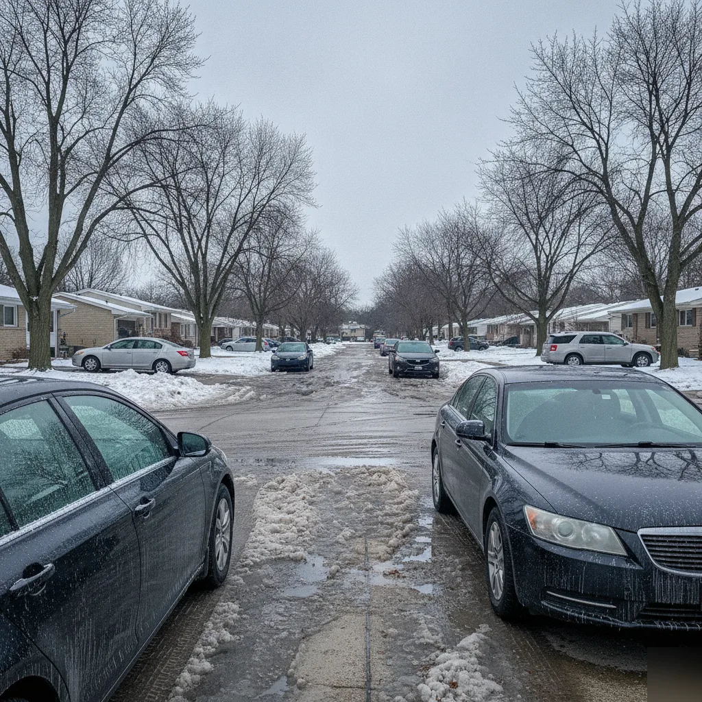 Picture showcasing winter road conditions with road salt in Michigan