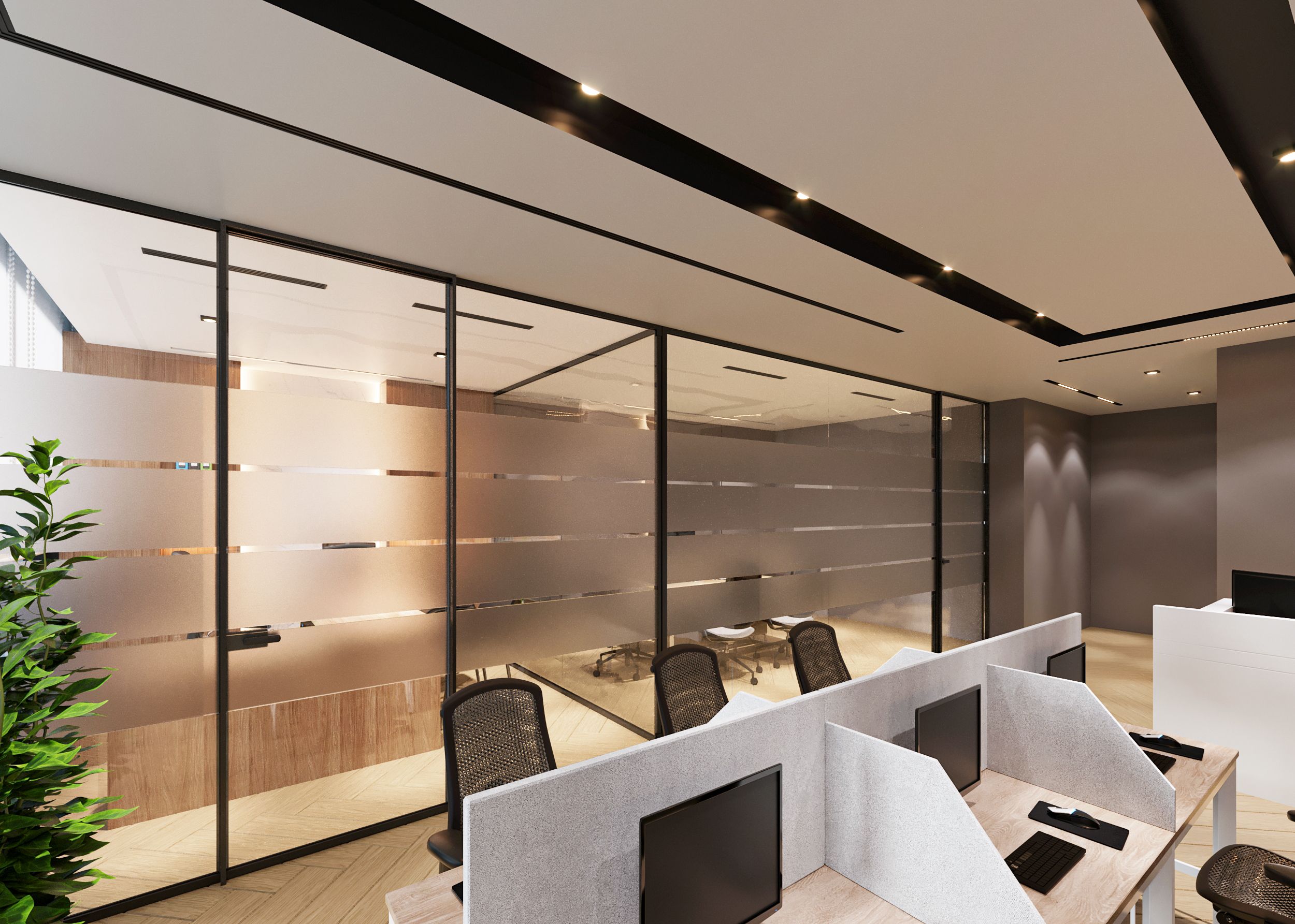 Partially frosted windows in office space