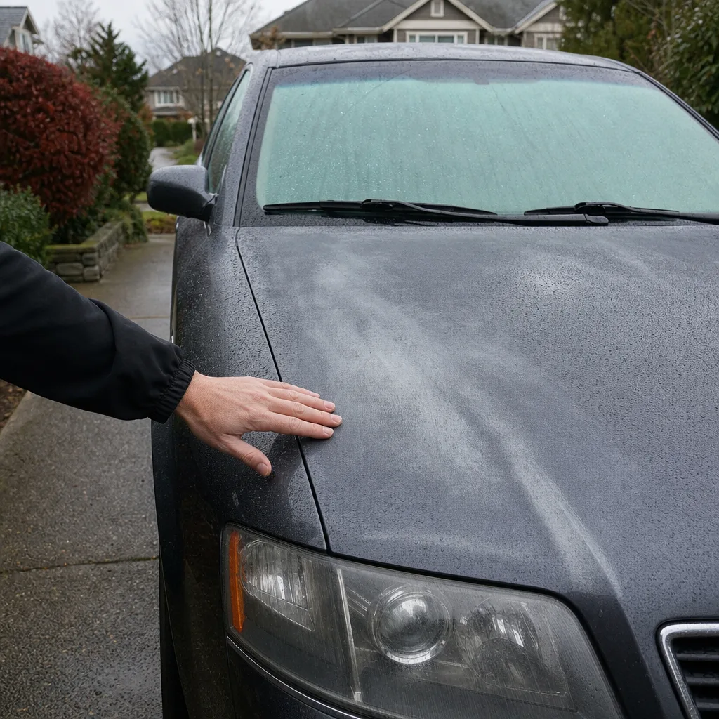 Hand inspecting faded car paint before ceramic coating cost estimate in Fraser