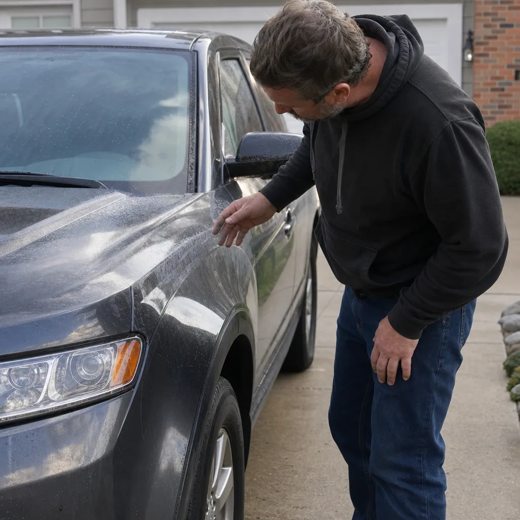Car owner inspecting swirl marks on vehicle paint before a Fraser paint correction quote