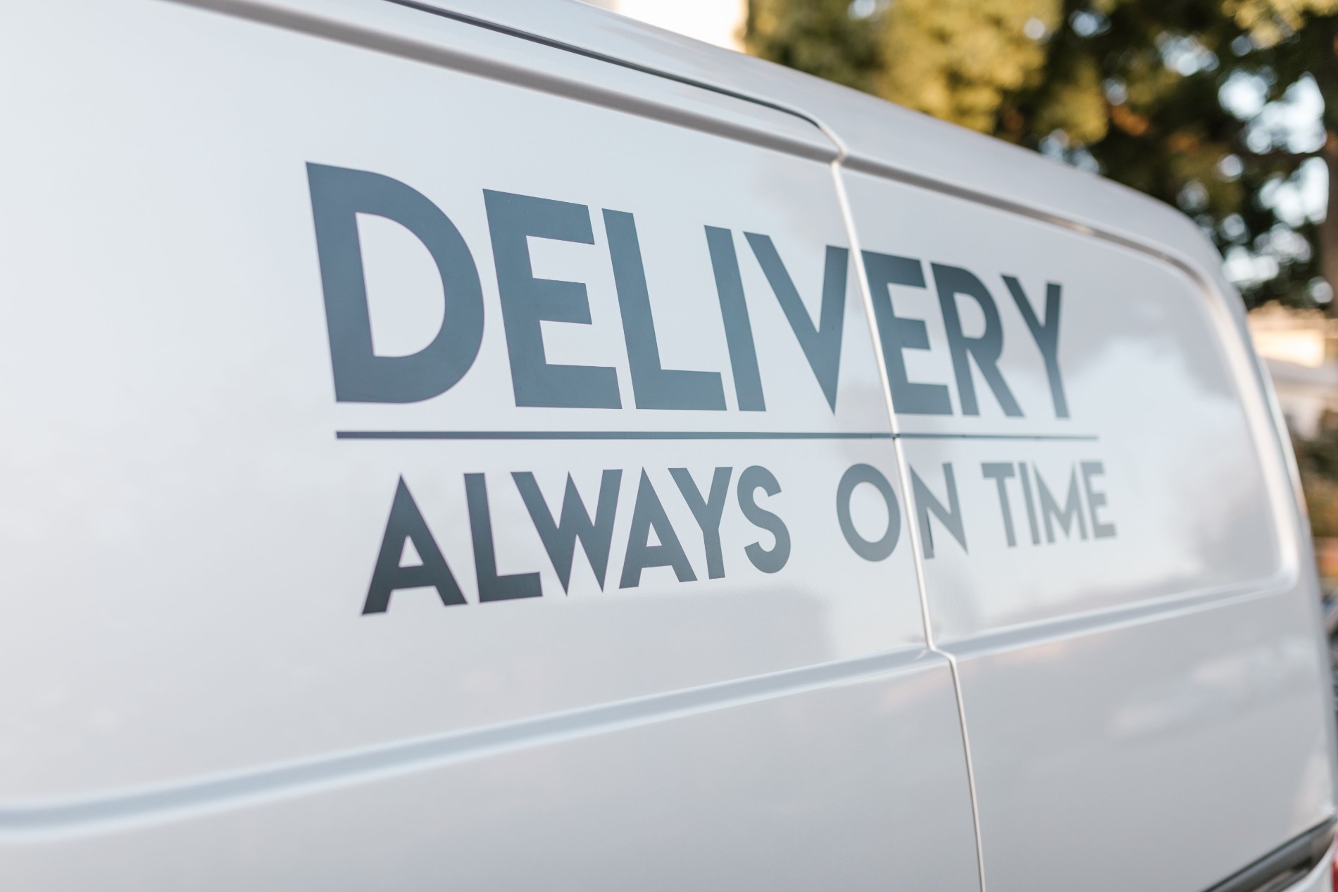 White van with custom "Delivery always on time" vehicle graphics text
